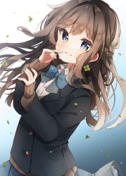 Rule 34 | 1girl, absurdres, black jacket, blue eyes, blue necktie, blue skirt, blush, braid, brown hair, brown sweater, clover, commentary request, crying, crying with eyes open, four-leaf clover, heripiro, highres, jacket, jewelry, long hair, long sleeves, looking at viewer, necktie, original, shirt, skirt, sleeves past wrists, solo, sweater, tears, white shirt