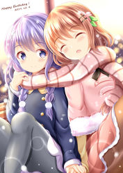 Rule 34 | 2girls, black jacket, blush, braid, brown hair, brown legwear, capelet, closed eyes, closed mouth, commentary request, dated, feet out of frame, flower, fur-trimmed capelet, fur trim, gochuumon wa usagi desu ka?, grey legwear, hair between eyes, hair flower, hair ornament, hair over shoulder, hairclip, happy birthday, highres, holding hands, hoto cocoa, jacket, kafuu chino, knees up, long hair, long sleeves, multiple girls, open mouth, pantyhose, pink capelet, pink flower, pink scarf, purple eyes, purple hair, red skirt, scarf, shared clothes, shared scarf, sitting, skirt, smile, twin braids, white skirt, x hair ornament, xenon (for achieve)
