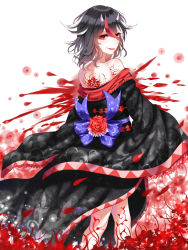 Rule 34 | 1girl, absurdres, adapted costume, bad id, bad pixiv id, bare shoulders, black dress, black hair, cowboy shot, dress, floral print, flower, from behind, grey horns, highres, horns, kijin seija, long sleeves, looking at viewer, multicolored hair, off-shoulder dress, off shoulder, purple ribbon, red eyes, red hair, ribbon, sash, sheya, short hair, smile, solo, spider lily, spider lily print, streaked hair, tattoo, tongue, tongue out, touhou, white hair, wide sleeves