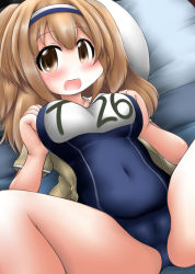 Rule 34 | 10s, 1girl, :d, bed, blush, breasts, brown eyes, cameltoe, hairband, i-26 (kancolle), kantai collection, large breasts, light brown hair, long hair, looking at viewer, lying, name tag, new school swimsuit, on back, one-piece swimsuit, open clothes, open mouth, ouno (nounai disintegration), pillow, sailor collar, school swimsuit, short sleeves, smile, solo, spread legs, swimsuit, swimsuit under clothes, two-tone hairband, two side up