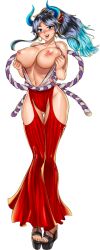 Rule 34 | 1girl, artist request, blue eyes, breasts, ear piercing, earrings, female focus, full body, hoop earrings, horns, jewelry, large breasts, looking at viewer, multicolored hair, nutaku, one piece, piercing, simple background, solo, standing, white background, yamato (one piece)