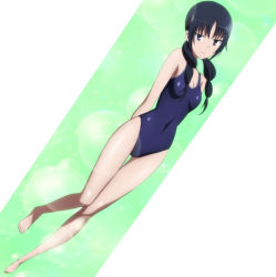 Rule 34 | 1girl, arms behind back, barefoot, black hair, blue one-piece swimsuit, breasts, cleavage, covered navel, dutch angle, full body, highres, lens flare, looking at viewer, one-piece swimsuit, purple eyes, school swimsuit, screencap, seitokai yakuindomo, simple background, swimsuit, twintails, uomi