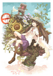 Rule 34 | 1girl, absurdres, bellflower, bird, blue eyes, brown hair, bug, daisy, dove, flower, hat, highres, imoman, bug, ladybug, legs, lily of the valley, original, school uniform, sign, solo, straw hat, sunflower, traffic light, tree, twintails, wings