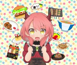 Rule 34 | 1girl, absurdres, arms up, bento, black bow, black bowtie, black choker, blush, bow, bowl, bowtie, brooch, burger, chibi, choker, commentary request, curry, curry rice, demon girl, dragon horns, fafnir guildmelag linda blair hanako, fang, food, fork, hair between eyes, hataage! kemono michi, highres, holding, holding fork, holding knife, horns, jewelry, juliet sleeves, katsudon (food), knife, long sleeves, looking at viewer, mogumin (ryoma0509), omelet, omurice, onigiri, open mouth, osechi, pink hair, plate, pudding, puffy sleeves, red shirt, rice, shirt, short hair, solo, standing, star (symbol), starry background, steak, takoyaki, underbust, upper body, yakitori, yellow background, yellow eyes