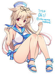 Rule 34 | 1girl, alternate costume, bikini, black ribbon, blonde hair, blue neckerchief, blue sailor collar, blush, collarbone, commentary request, dated, fangs, full body, hair flaps, hair ornament, hair ribbon, hairclip, hat, idolmaster, kantai collection, long hair, neckerchief, odawara hakone, one-hour drawing challenge, open mouth, red eyes, ribbon, sailor bikini, sailor collar, sailor hat, sailor swimsuit (idolmaster), sandals, simple background, smile, solo, swimsuit, toes, twitter username, v-shaped eyebrows, white background, white bikini, yuudachi (kancolle), yuudachi kai ni (kancolle)