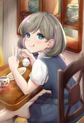 Rule 34 | 1girl, absurdres, blue eyes, blue skirt, blue vest, bob cut, breasts, cafe, cardigan vest, chair, closed mouth, coffee, coffee cup, collared shirt, cookie, cup, disposable cup, eating, food, from above, highres, holding, holding spoon, huge filesize, light brown hair, looking at viewer, looking back, looking up, love live!, love live! superstar!!, multicolored hair, pink hair, plate, school uniform, shirt, short hair, shuzuta, sitting, skirt, solo, spoon, streaked hair, swept bangs, table, tang keke, tongue, tongue out, two-tone hair, utensil in mouth, vase, vest, white shirt, yuigaoka school uniform