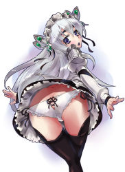 Rule 34 | 10s, 1girl, ass, bent over, blush, butt crack, butterfly hair ornament, chaika trabant, cross-laced clothes, frilled panties, frills, from behind, hair ornament, hair ribbon, hairband, hitsugi no chaika, lolita hairband, long hair, long sleeves, looking back, miyagoe yoshitsuki, open mouth, panties, pantyshot, puffy sleeves, purple eyes, ribbon, side-tie panties, silver hair, solo, standing, thigh gap, thighhighs, underwear, upskirt, white panties