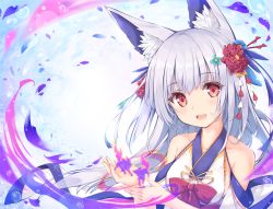 Rule 34 | 1girl, :d, absurdres, animal ear fluff, animal ears, bare shoulders, blue flower, blush, bow, breasts, detached sleeves, flower, fox ears, hair flower, hair ornament, highres, japanese clothes, kimono, long hair, long sleeves, medium breasts, open mouth, original, petals, red bow, red eyes, red flower, sidelocks, silver hair, sleeveless, sleeveless kimono, smile, solo, teeth, tenmu shinryuusai, upper body, upper teeth only, white kimono, white sleeves