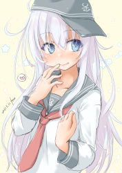 Rule 34 | 1girl, absurdres, anchor symbol, artist name, beige background, black sailor collar, blue eyes, dated, facing viewer, finger to mouth, flat cap, fyuo, hat, heart, hibiki (kancolle), highres, kantai collection, long hair, neckerchief, one-hour drawing challenge, red neckerchief, sailor collar, school uniform, serafuku, sideways glance, silver hair, simple background, solo, spoken heart, star (symbol), starry background, upper body, white background, yellow background