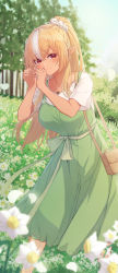 Rule 34 | 1girl, absurdres, bag, blonde hair, blush, closed mouth, dark-skinned female, dark skin, day, dress, elf, feet out of frame, field, flower, flower field, green dress, hair between eyes, hair ornament, hair scrunchie, hands up, heart, heart hands, highres, hololive, looking at viewer, multicolored hair, outdoors, petals, pinafore dress, pointy ears, ponytail, red eyes, scrunchie, shiranui flare, shirt, short sleeves, shoulder bag, sleeveless dress, smile, solo, standing, streaked hair, tang-du, tree, virtual youtuber, white flower, white hair, white shirt
