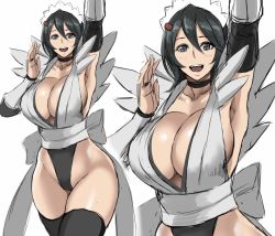 Rule 34 | 1girl, black hair, blue eyes, breasts, cleavage, highleg, highleg leotard, iroha (samurai spirits), large breasts, leotard, maid, maid headdress, samurai spirits, shibusun, sideboob, smile, snk, thighhighs