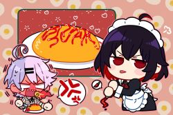 Rule 34 | 2girls, 6 (yuchae), :p, antenna hair, apron, breath weapon, breathing fire, fire, food, hair between eyes, hair ornament, hairpin, holding, honkai (series), honkai impact 3rd, ketchup, ketchup bottle, maid, maid apron, maid headdress, multicolored hair, multiple girls, omelet, omurice, open mouth, purple hair, red eyes, red hair, seele (alter ego), seele vollerei, sin mal, spicy, spoon, tongue, tongue out, two-tone hair, v-shaped eyebrows