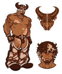 Rule 34 | 1boy, abs, animal print, bara, belly, belt, boarsunrise, brown hair, bulge, clothing cutout, cow horns, cow print, cross, cross necklace, crotchless, crotchless pants, dark-skinned male, dark skin, facial hair, fake horns, full body, goatee, highres, horned headwear, horns, jewelry, large pectorals, male focus, mature male, multicolored hair, muscular, muscular male, navel, necklace, nipple piercing, nipple rings, nipples, original, pants, pectorals, piercing, scene reference, short hair, sideburns, stomach, streaked hair, thigh cutout, thighs, topless male, vitiligo, white hair