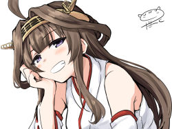 Rule 34 | 1girl, ahoge, armor, blush, breasts, brown hair, darkside, detached sleeves, grin, head rest, headgear, japanese armor, kantai collection, kongou (kancolle), long hair, nontraditional miko, purple eyes, ribbon-trimmed sleeves, ribbon trim, signature, simple background, smile, smug, solo, white background