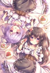Rule 34 | 2girls, :d, apron, bed sheet, black apron, black hair, blush, braid, breasts, cake, cake slice, choker, closed mouth, collarbone, commentary request, dress, food, fork, frilled apron, frilled dress, frills, fruit, hair rings, highres, holding, holding food, kouta., long hair, lying, maid, medium breasts, multiple girls, on back, open mouth, original, plate, puffy short sleeves, puffy sleeves, purple eyes, purple hair, red eyes, short sleeves, smile, strawberry, twin braids, two side up, very long hair, waist apron, white choker, white dress