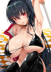Rule 34 | 1girl, alcoholrang, arm behind head, arm support, armpits, azur lane, bikini, black bikini, black choker, black thighhighs, boots, breasts, checkered flag, choker, cleavage, covered erect nipples, crossed bangs, eyewear on head, flag, highres, huge breasts, jacket, long hair, looking at viewer, off shoulder, official alternate costume, open clothes, open jacket, race queen, red eyes, red jacket, sitting, swimsuit, taihou (azur lane), taihou (enraptured companion) (azur lane), thigh boots, thighhighs, underboob