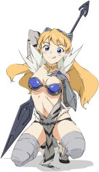 Rule 34 | 1girl, :q, armor, bandages, bandeau, bikini armor, blonde hair, blue eyes, blush, breasts, captain of the royal guard elina, cleavage, elina (queen&#039;s blade), elina (queen's blade), gauntlets, kneeling, long hair, navel, on one knee, queen&#039;s blade, simple background, solo, tongue, tongue out, umanosuke, weapon, white background
