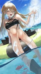 Rule 34 | 1girl, absurdres, bikini, breasts, commentary request, fish, girls&#039; frontline, hair between eyes, highres, innertube, light brown hair, long hair, medium breasts, ocean, official alternate costume, open mouth, partially submerged, ppk (foliage romance) (girls&#039; frontline), ppk (girls&#039; frontline), saturndxy, smile, solo, swim ring, swimsuit, underboob, very long hair, wet