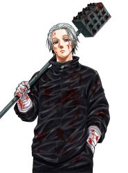 Rule 34 | 1boy, black jacket, blood, blood on clothes, blood on face, blood on hands, bloody weapon, expressionless, gaku (sakamoto days), hair slicked back, hand in pocket, highres, holding, holding weapon, jacket, looking at viewer, male focus, mito sk day, red eyes, sakamoto days, simple background, solo, standing, weapon, white hair