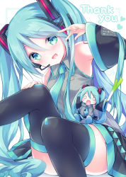 Rule 34 | 2girls, :d, bad id, bad pixiv id, bare shoulders, black legwear, black skirt, black sleeves, blue hair, blue neckwear, blush, chibi, collared shirt, commentary request, detached sleeves, green eyes, grey shirt, hachune miku, hair between eyes, hair ornament, hand up, hatsune miku, head tilt, headphones, headset, heart, kabocha usagi, knee up, long hair, long sleeves, multiple girls, necktie, open mouth, pleated skirt, shirt, shoe soles, skirt, sleeveless, sleeveless shirt, smile, spring onion, thank you, thighhighs, tie clip, twintails, v over eye, very long hair, vocaloid, white background, wide sleeves