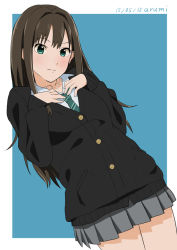 Rule 34 | 10s, 1girl, artist name, baba arumi, blue background, brown hair, cardigan, collarbone, cowboy shot, dated, dutch angle, green eyes, hands on own chest, idolmaster, idolmaster cinderella girls, jewelry, long hair, long sleeves, necklace, necktie, pleated skirt, school uniform, shibuya rin, simple background, skirt, solo