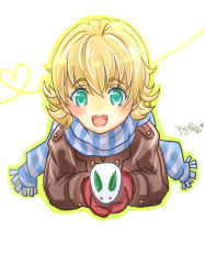 Rule 34 | 10s, 1boy, aged down, aqua eyes, artist request, barnaby brooks jr., blonde hair, blush, bunnyhana, male focus, mittens, open mouth, rabbit, red mittens, scarf, signature, smile, solo, tiger &amp; bunny, white background, winter clothes