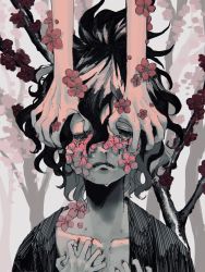 Rule 34 | 1boy, alternate body fluid, bleeding, blood, branch, brother and sister, child, clenched teeth, collarbone, commentary request, crying, daki (kimetsu no yaiba), flower, gyuutarou (kimetsu no yaiba), hair between eyes, half-closed eyes, hands on another&#039;s face, hands on own chest, hands up, highres, injury, kimetsu no yaiba, koyubi (cyxmbzh0anvefto), looking away, male focus, nosebleed, out of frame, partially colored, pink flower, portrait, red flower, scratches, scratching, self-harm, sharp teeth, siblings, skinny, solo focus, teeth, topknot