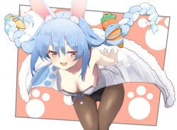 Rule 34 | 1girl, :d, animal ear fluff, animal ears, bare arms, bare shoulders, bent over, black leotard, blue hair, blush, bow, braid, breasts, brown pantyhose, carrot hair ornament, commentary request, dress, food-themed hair ornament, fur-trimmed dress, fur trim, hair between eyes, hair bow, hair ornament, hololive, leotard, long hair, looking at viewer, medium breasts, multicolored hair, noa (nagareboshi), open mouth, outstretched arms, pantyhose, purple eyes, rabbit ears, rabbit tail, short eyebrows, smile, solo, strapless, strapless dress, strapless leotard, teeth, thick eyebrows, twin braids, twintails, two-tone hair, upper teeth only, usada pekora, usada pekora (1st costume), very long hair, virtual youtuber, white bow, white dress, white hair