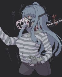 Rule 34 | 1girl, alternate costume, alternate skin color, animal collar, blue hair, breasts, chain, chain leash, collar, collarbone, colored skin, cropped legs, denim, drooling, from side, grey skin, highres, jeans, kotonoha aoi, leash, long hair, long sleeves, medium breasts, muzzle, one side up, open mouth, pants, profile, reaching, red eyes, saliva, sidelocks, solo, tongue, tongue out, toriniku29, torn clothes, trembling, voiceroid, zombie