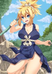 Rule 34 | 1girl, :d, bare shoulders, barefoot, blonde hair, blue dress, blue eyes, blue sky, breasts, choker, cleavage, cloud, dagger, dr. stone, dress, facu10mag, hair between eyes, highres, holding, holding dagger, holding knife, holding weapon, knife, kohaku (dr. stone), large breasts, open mouth, outdoors, panties, rock, rope, rope belt, sky, smile, thighs, tree, underwear, weapon, white choker, white panties