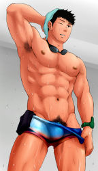 Rule 34 | 1boy, abs, armpit hair, armpits, bara, bulge, drying, drying hair, feet out of frame, from below, goggles, goggles around neck, groin, hand up, highres, large pectorals, male focus, male pubic hair, male swimwear pull, muscular, muscular male, navel, nipples, obliques, original, pectorals, pubic hair, pulling own clothes, short hair, sideburns, solo, stomach, thick thighs, thighs, topless male, unplugged line, wet