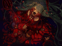 Rule 34 | 1girl, 3girls, absurdly long hair, blood, blood in hair, blood on face, corpse, dress, closed eyes, floating hair, from above, gloves, green hair, hair ornament, hatsune miku, kagamine len, koby, long hair, multiple girls, nail polish, open mouth, red dress, red gloves, red lips, red nails, scissors, standing, twintails, very long hair, vocaloid