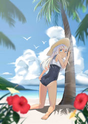 Rule 34 | 10s, 1girl, absurdres, adjusting clothes, adjusting swimsuit, against tree, ass, barefoot, beach, blue eyes, blue sky, blurry, cloud, crop top, day, depth of field, flower, from behind, hat, hibiscus, highres, kantai collection, kneeling, ocean, outdoors, palm tree, ro-500 (kancolle), sailor collar, sand, school swimsuit, shisuo, silver hair, sky, solo, straw hat, sun hat, swimsuit, tan, tanline, tree