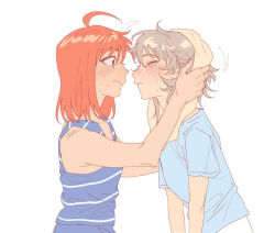 Rule 34 | 2girls, bare arms, blue shirt, blue tank top, blush, closed eyes, closed mouth, commentary request, drying, drying hair, from side, grey hair, holding, holding towel, jiguang haibao, looking at another, love live!, love live! sunshine!!, medium hair, multiple girls, orange hair, profile, red eyes, shirt, short hair, short sleeves, striped tank top, sweat, takami chika, tank top, towel, towel on head, upper body, watanabe you, yuri