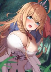 Rule 34 | 1girl, ahoge, blue eyes, blurry, blurry background, blurry foreground, blush, braid, breasts, cleavage, forest, gloves, hair between eyes, hair ornament, hair ribbon, highres, large breasts, long hair, looking at viewer, mizuha (pixiv56938668), nature, open mouth, orange hair, outdoors, pecorine (princess connect!), perspective, princess connect!, puffy short sleeves, puffy sleeves, red ribbon, ribbon, seductive smile, short sleeves, skirt, smile, solo, tiara, upper body, very long hair