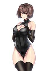 Rule 34 | 10s, 1girl, blush, breasts, brown eyes, brown hair, cleavage, cleavage cutout, clothing cutout, competition swimsuit, elbow gloves, female focus, front zipper swimsuit, gloves, hyuuga (kancolle), kantai collection, large breasts, meme attire, one-piece swimsuit, short hair, smile, solo, sweatdrop, swimsuit, thighhighs, ulrich (tagaragakuin)