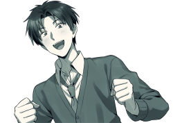 Rule 34 | 1boy, :d, asada hachi, blush, buttons, clenched hands, collared shirt, commentary, gekkan shoujo nozaki-kun, grey background, happy, jacket, long sleeves, looking at viewer, loose necktie, male focus, monochrome, necktie, open mouth, school uniform, shirt, short hair, simple background, smile, solo, teeth, twitter username, upper body, upper teeth only, wakamatsu hirotaka, watermark