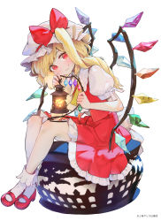 Rule 34 | 1girl, ascot, back bow, blonde hair, bobby socks, bow, closed mouth, crystal, duplicate, flandre scarlet, frilled ascot, frilled skirt, frills, full body, hat, hat bow, looking at viewer, mary janes, mob cap, multicolored wings, pixel-perfect duplicate, puffy short sleeves, puffy sleeves, red eyes, red footwear, red skirt, red vest, shirt, shoes, short sleeves, simple background, sitting, skirt, skirt set, smile, socks, solo, syuri22, touhou, vest, white background, white bow, white hat, white shirt, white socks, wings, yellow ascot