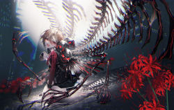 Rule 34 | 1girl, absurdres, bone, chromatic aberration, flower, highres, huge filesize, looking at viewer, mura karuki, open clothes, original, pale skin, red eyes, red flower, short hair, skull, spider lily
