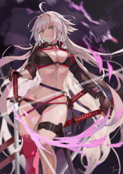 Rule 34 | 1girl, absurdres, ahoge, belt, bikini, black bikini, black choker, black gloves, black jacket, breasts, choker, cleavage, cropped jacket, fang qiao, fate/grand order, fate (series), fire, gloves, highres, jacket, jeanne d&#039;arc alter (swimsuit berserker) (fate), jeanne d&#039;arc (fate), jeanne d&#039;arc alter (fate), jeanne d&#039;arc alter (swimsuit berserker) (fate), katana, large breasts, long hair, long sleeves, looking at viewer, multiple swords, navel, o-ring, o-ring bikini, parted lips, purple fire, red thighhighs, shrug (clothing), silver hair, single thighhigh, smile, swimsuit, sword, thigh strap, thighhighs, thighs, very long hair, weapon, yellow eyes