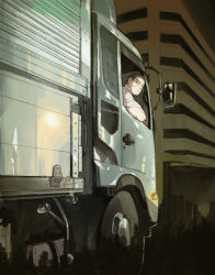 Rule 34 | 1boy, black eyes, black hair, building, buzz cut, car, closed mouth, commentary request, driver (kamen rider), facial hair, from behind, golden kamuy, looking at viewer, male focus, motor vehicle, osmt328, shirt, short hair, solo, stubble, t-shirt, truck, tsukishima hajime, upper body, vehicle focus, very short hair, white shirt