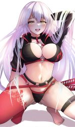 Rule 34 | 1girl, absurdres, ahoge, bikini, black bikini, black jacket, breasts, choker, cleavage, collarbone, cropped jacket, fate/grand order, fate (series), gluteal fold, grey hair, highres, jacket, jeanne d&#039;arc alter (fate), jeanne d&#039;arc alter (swimsuit berserker) (fate), katana, large breasts, long hair, long sleeves, looking at viewer, navel, nuts (hazel-nuts), o-ring, o-ring bikini, open mouth, shrug (clothing), single thighhigh, smile, solo, squatting, stomach, swimsuit, sword, thigh strap, thighhighs, thighs, very long hair, weapon, yellow eyes
