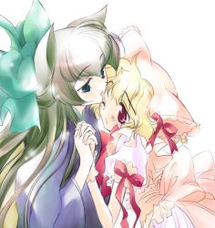 Rule 34 | 2girls, animal ears, blonde hair, blue eyes, bow, cat ears, frills, green hair, hair bow, holding hands, interlocked fingers, japanese clothes, jpeg artifacts, licking, multiple girls, one eye closed, pink eyes, red eyes, ribbon, simple background, tongue, white background, yuri