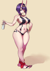Rule 34 | 1girl, alcohol, breasts, cleavage, covered erect nipples, curvy, fate/grand order, fate (series), full body, gensui (auoua), highres, horns, liquor, looking at viewer, medium breasts, navel, purple eyes, purple hair, short hair, shuten douji (fate), smile, solo, standing, wide hips