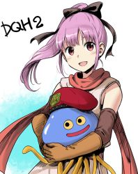 Rule 34 | 1girl, blush, bow, dragon quest, dragon quest heroes, dragon quest heroes ii, dress, gloves, hat, homiron, konoe (fogtracks), long hair, looking at viewer, open mouth, pink eyes, ponytail, purple hair, scarf, teresia