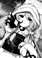 Rule 34 | 1girl, absurdres, atsuko (blue archive), black gloves, blue archive, bow, braid, commentary request, flak jacket, gloves, greyscale, grin, hair bow, halo, highres, jacket, looking at viewer, lying, monochrome, narrowed eyes, non (nuebako), on back, on floor, outstretched arm, puddle, rain, smile, solo, upper body, white hood, white jacket
