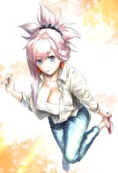 Rule 34 | alternate costume, blue eyes, blush, breasts, cleavage, denim, earrings, fate/grand order, fate (series), hair between eyes, highres, jeans, jewelry, lipstick, looking at viewer, makeup, mitsugu, miyamoto musashi (fate), pants, ponytail, putting on shoes, scrunchie, solo