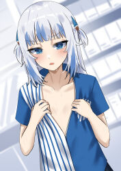Rule 34 | 1girl, absurdres, blue eyes, blue hair, blue shirt, blunt bangs, blush, collarbone, collared shirt, commentary, dutch angle, flat chest, gawr gura, grey hair, highres, hololive, hololive english, lawson, medium hair, multicolored hair, open mouth, opened by self, petite, rebelium, shirt, short sleeves, solo, streaked hair, sweat, upper body, virtual youtuber