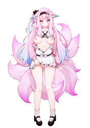 Rule 34 | 1girl, 5danny1206, animal ear fluff, animal ears, black bow, black footwear, black hairband, black ribbon, blue eyes, blue hair, blush, bow, breasts, breasts out, cat ornament, center frills, cherry blossoms, cleft of venus, closed mouth, clothes lift, clothing cutout, collarbone, collared shirt, crescent, crescent earrings, earrings, fingernails, floppy ears, fox ears, fox girl, fox tail, frilled shirt, frills, full body, gradient hair, gradient tail, hair ornament, hair ribbon, hairband, hairclip, heterochromia, highres, hood, hoodie, jewelry, knees, legs, lifting own clothes, light blue hair, long hair, long sleeves, looking at viewer, mary janes, medium breasts, multicolored hair, multiple tails, nail art, nail polish, navel, navel cutout, neck ribbon, nipples, no panties, one side up, open clothes, open hoodie, open shirt, original, paw print, pigeon-toed, pink eyes, pink hair, pink hoodie, pink nails, pink tail, pink theme, pleated skirt, pussy, pussy peek, ribbon, shirt, shoes, simple background, skirt, skirt lift, sleeves past wrists, smile, socks, solo, standing, tail, thighs, two-tone hair, white background, white shirt, white skirt, white socks