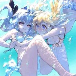 Rule 34 | 10s, 2girls, air bubble, bikini, blonde hair, blue eyes, blue hair, bracelet, breasts, breath, bubble, caustics, cleavage, floating hair, freediving, front-tie top, hiiragi shinoa, holding breath, holding hands, jewelry, jpeg artifacts, light reflection (water), long hair, looking at viewer, lowres, medium breasts, multiple girls, owari no seraph, sanguu mitsuba, side-tie bikini bottom, small breasts, striped bikini, striped clothes, swimming, swimsuit, twintails, underwater